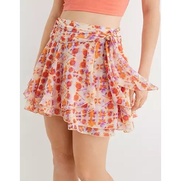Aerie Floral Wrap Mini Skirt Large Clemson Orange Purple Watercolor Dopamine Y2K - Picture 1 of 6